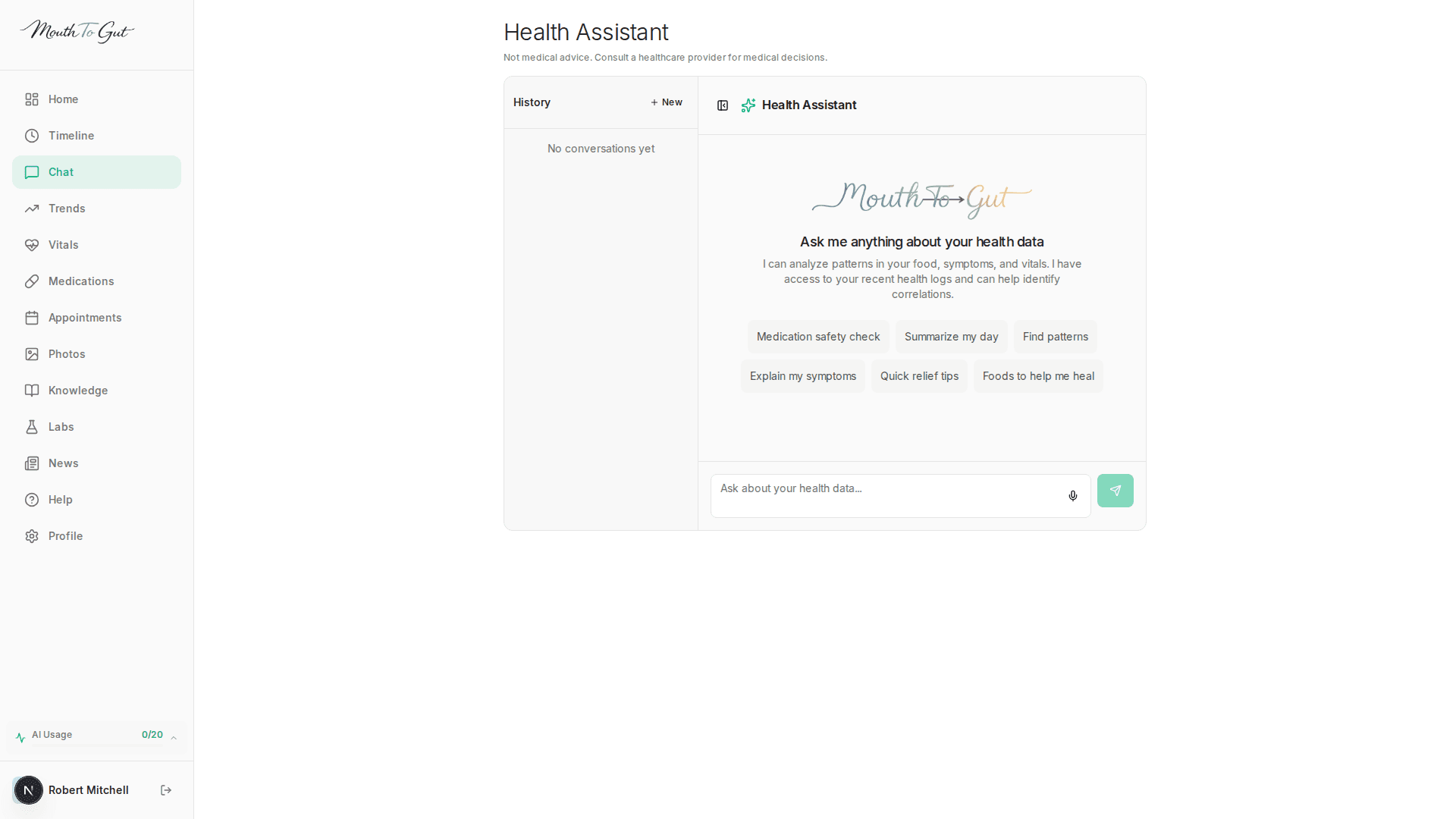 AI health assistant chat with quick action buttons like Find Patterns and Medication Safety Check