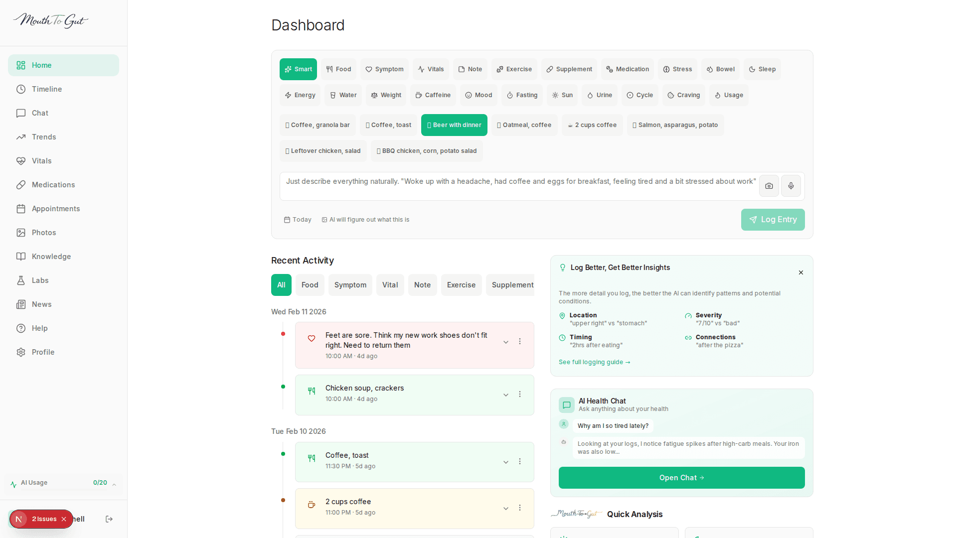 Mouth To Gut dashboard with smart input, quick-add buttons, and recent health entries
