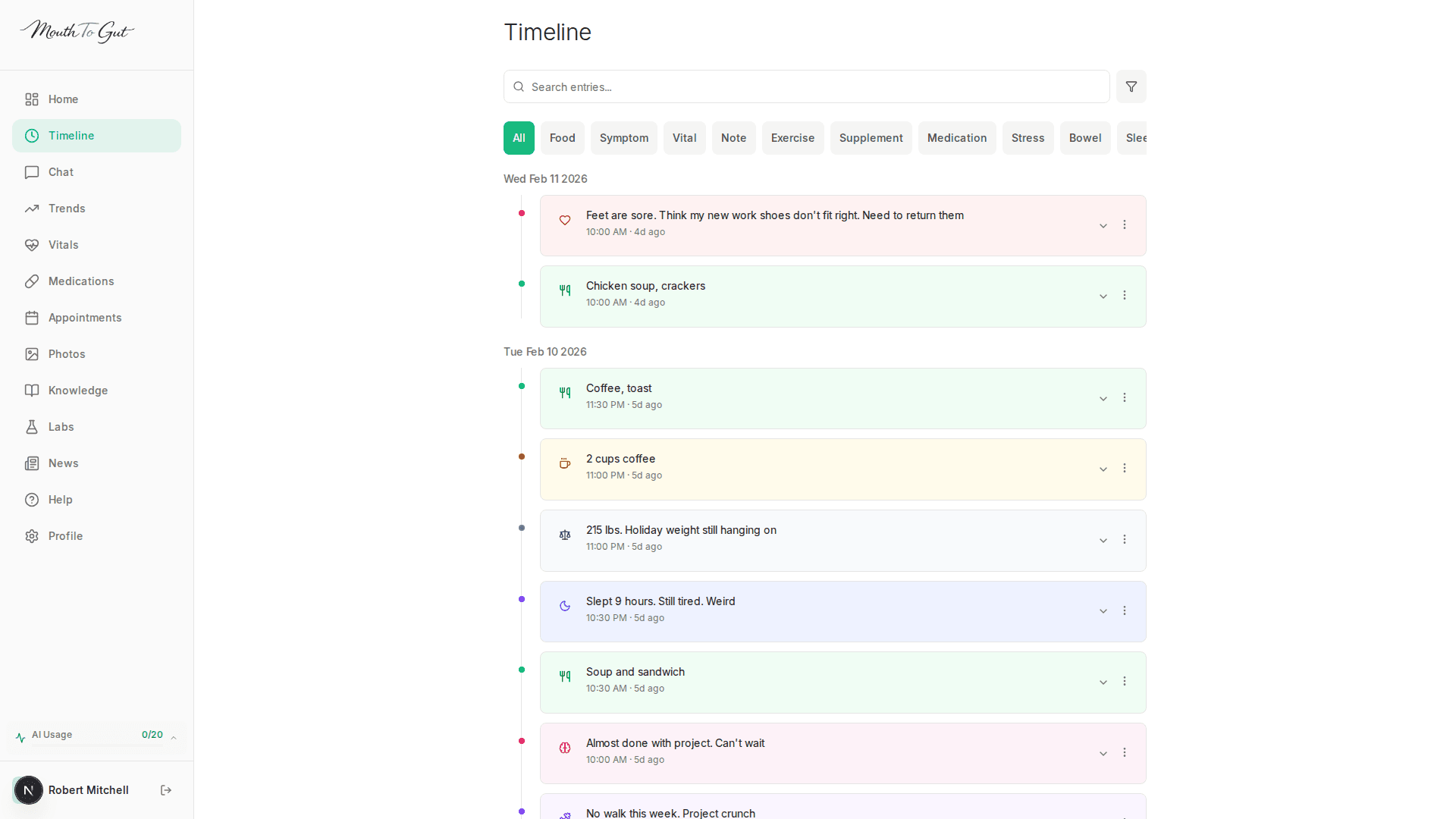 Health timeline showing food, symptoms, sleep, weight, and stress entries